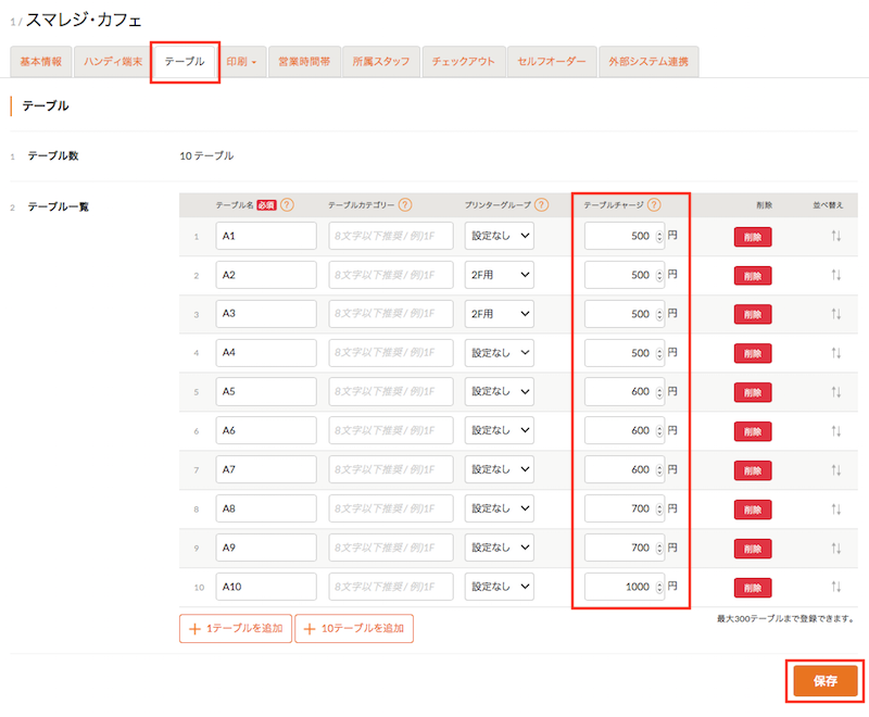 テーブルごとにテーブルチャージ料金を設定する スマレジ・ウェイター サポート